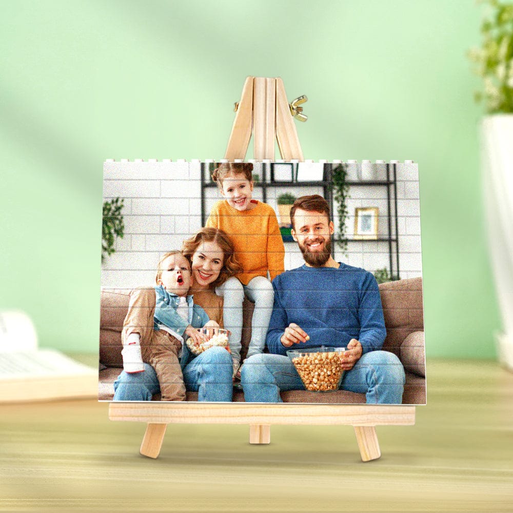 Personalized building brick photo block with a family of three, vibrant UV print, perfect as a gift.