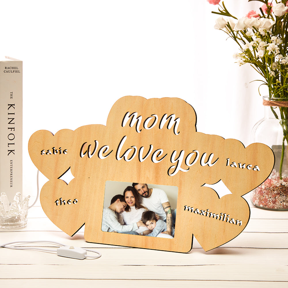 Custom Engraved "Mom We Love You" Night Lamp Photo Frame, wooden photo frame gift for Mom