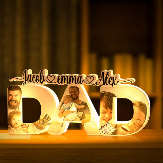 Personalized 'DAD' night lamp with family photo, a custom Father's Day gift, warm light, acrylic material.