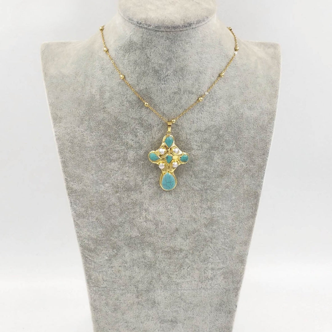 WT-JN297 Court Style Retro Turquoise Pearl Inlaid Pendant 18k Gold-plated Necklace Senior Clothes Accessories Mood Royal