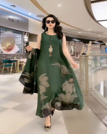 2024 Spring/Summer New Silk Dress Two Piece Set Women's Flower Print Plus Size Dress Casual Vintage Long Dress Mom's Dress Mood Royal