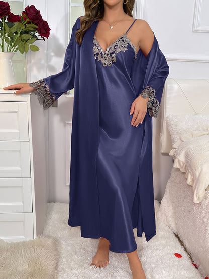 2cs Contrast Lace  Long Sleeve Belted Robe V Neck Slip Dress Sexy Elegant Women Pajamas  Sets Mood Royal