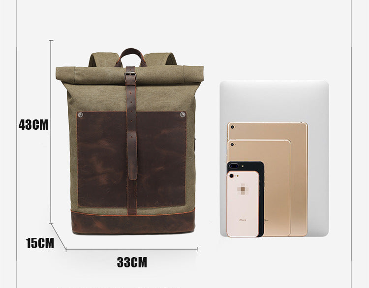 Backpack Men's Travel Computer Backpack Student Retro Travel Book Bag Oil Wax Canvas With Top Leather Mood Royal