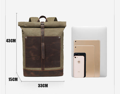 Backpack Men's Travel Computer Backpack Student Retro Travel Book Bag Oil Wax Canvas With Top Leather Mood Royal