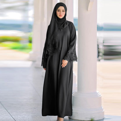 Lace Embroidery Sleeve Plain Abaya with Scarf My Store