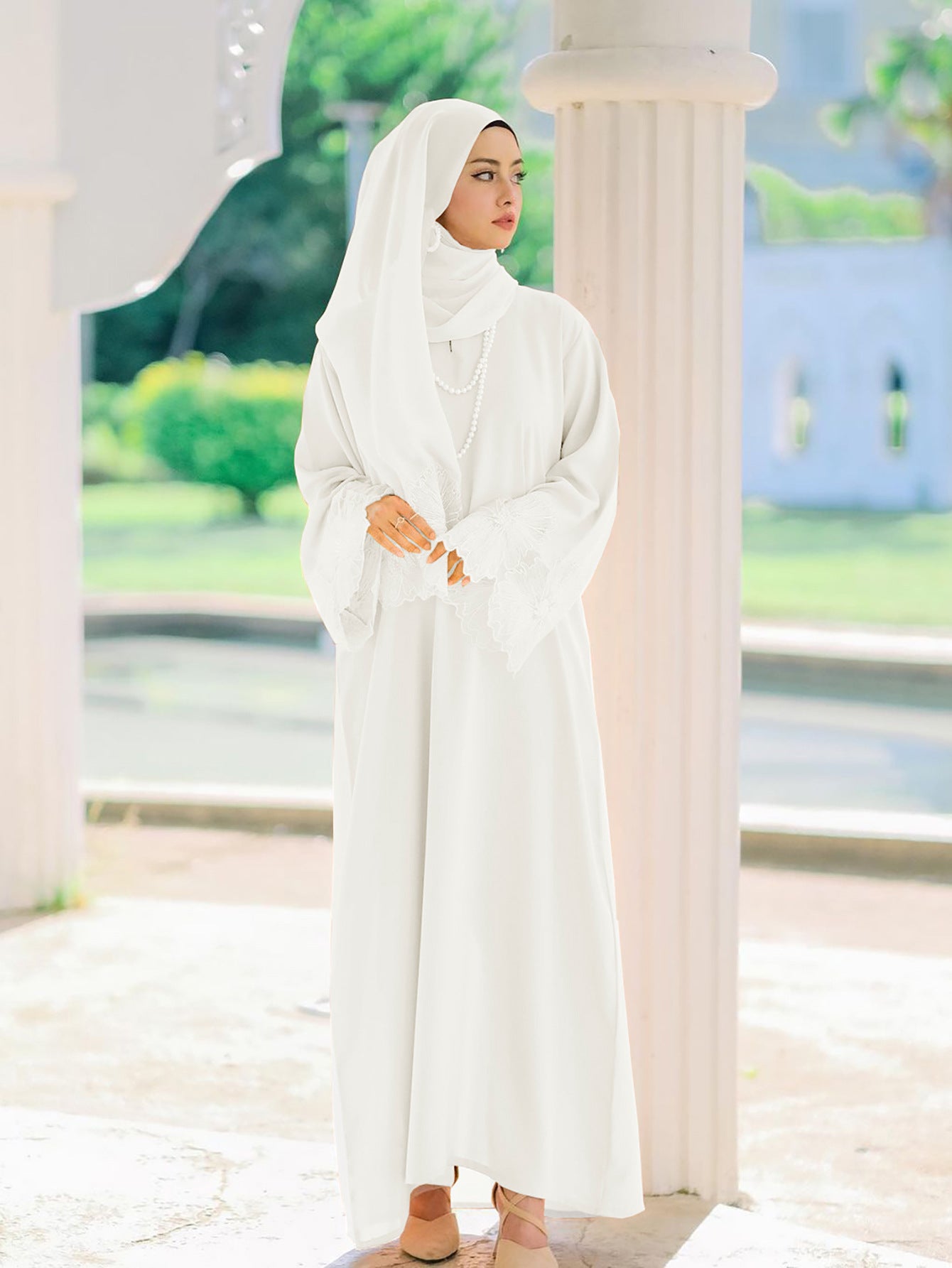 Lace Embroidery Sleeve Plain Abaya with Scarf My Store