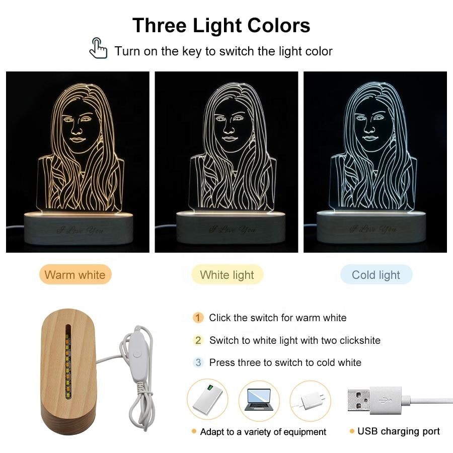 Custom 3D acrylic lamp with engraved portrait, 3 light colors, and wooden base, personalized night light