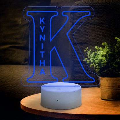 Custom 'K' LED night light with 'KYNITH' name, acrylic lamp with USB port, ideal home decor gift.