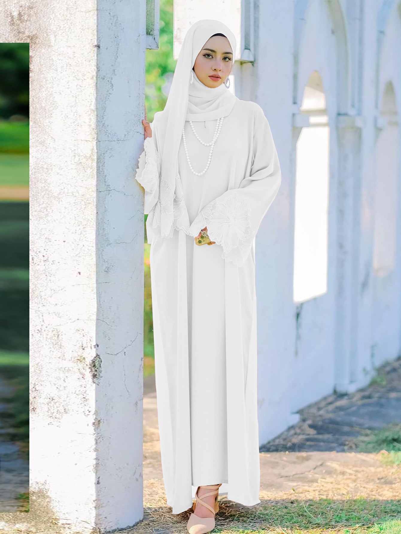 Lace Embroidery Sleeve Plain Abaya with Scarf My Store