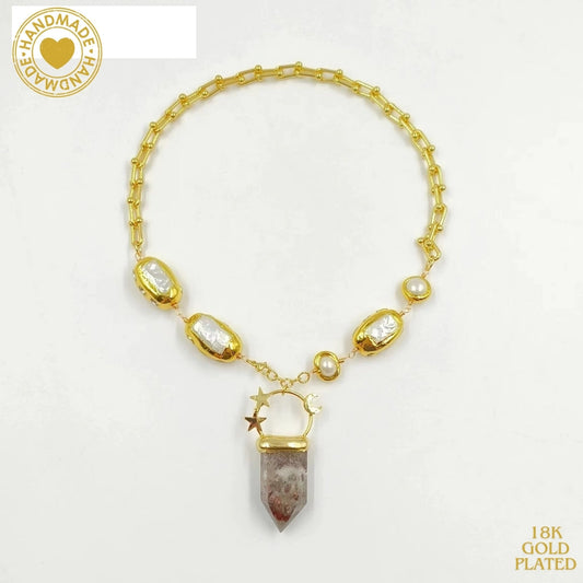 Vintage Quartz Freshwater Pearl 18K Gold Plated Necklace Mood Royal