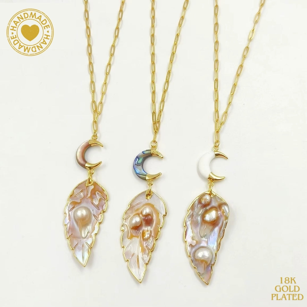 WT-JN308 Natural Pearl Shell Leaf Shape Abalone Vintage Classic Chain Pendant Holiday Style Necklace Mood Royal