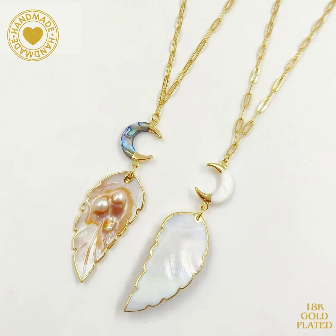 WT-JN308 Natural Pearl Shell Leaf Shape Abalone Vintage Classic Chain Pendant Holiday Style Necklace Mood Royal
