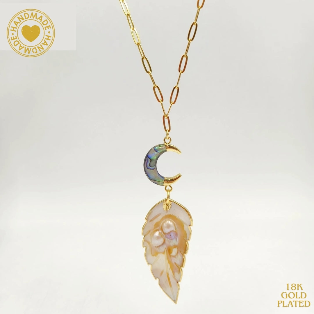 WT-JN308 Natural Pearl Shell Leaf Shape Abalone Vintage Classic Chain Pendant Holiday Style Necklace Mood Royal