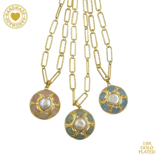 18K Gold Plated Pearl Colored Gemstone Set Necklace Mood Royal