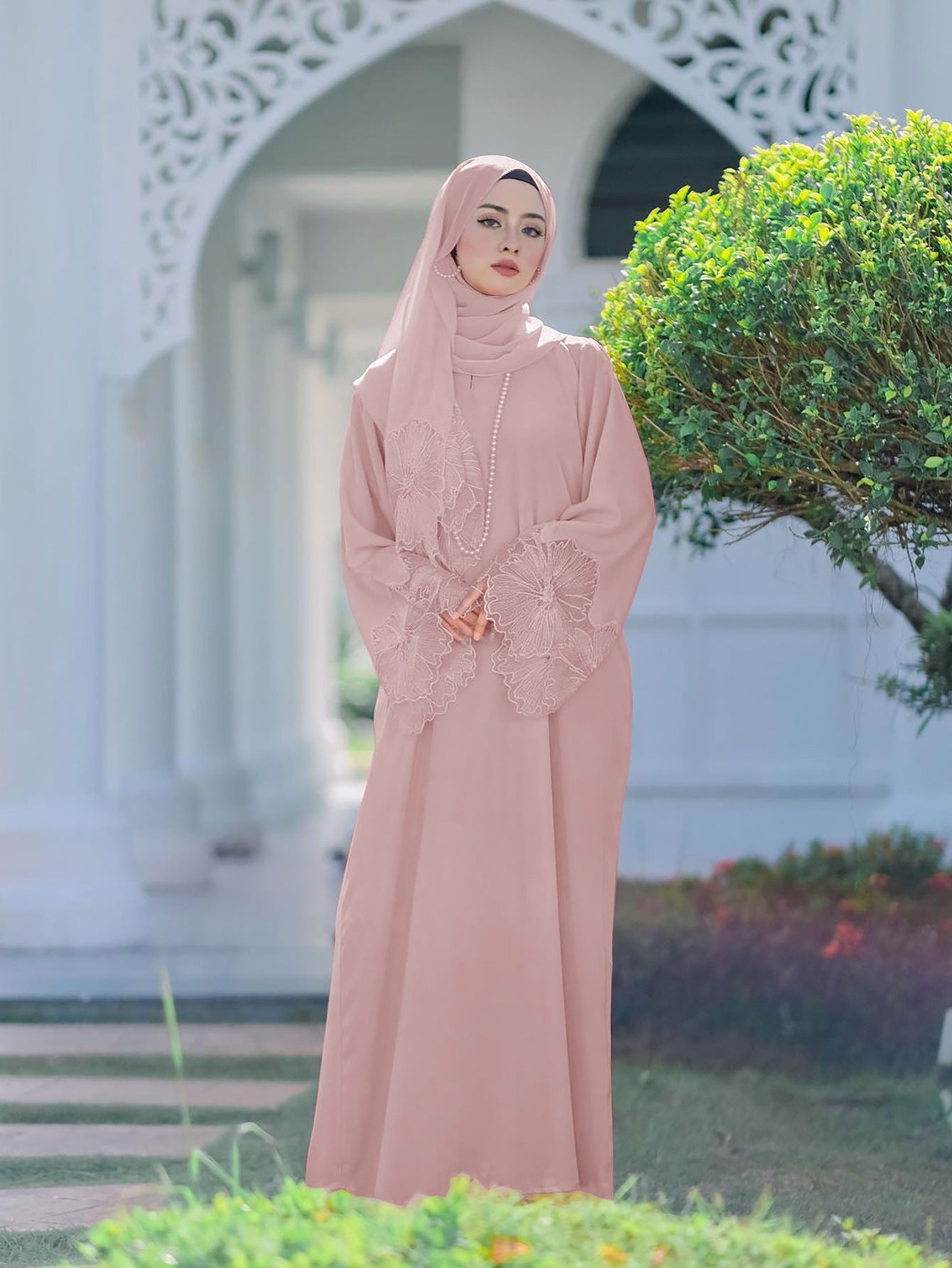 Lace Embroidery Sleeve Plain Abaya with Scarf My Store