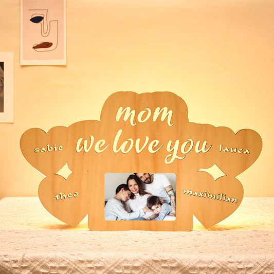 Custom engraved night lamp photo frame for Mom with family photo, heart-warming gift.