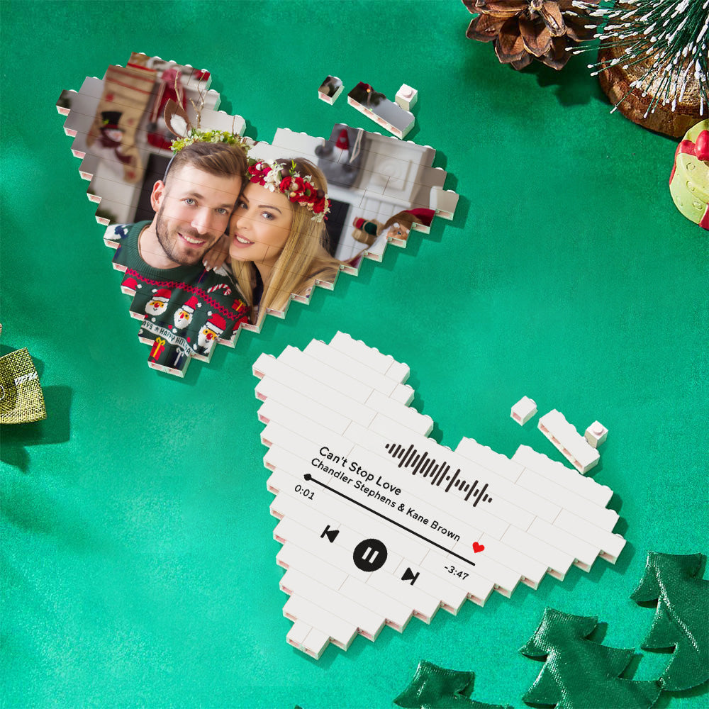 Heart-shaped photo block puzzle with couple's photo and custom music code, personalized gift.