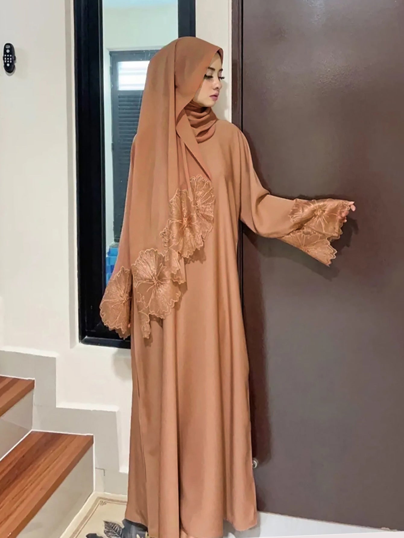 Lace Embroidery Sleeve Plain Abaya with Scarf My Store