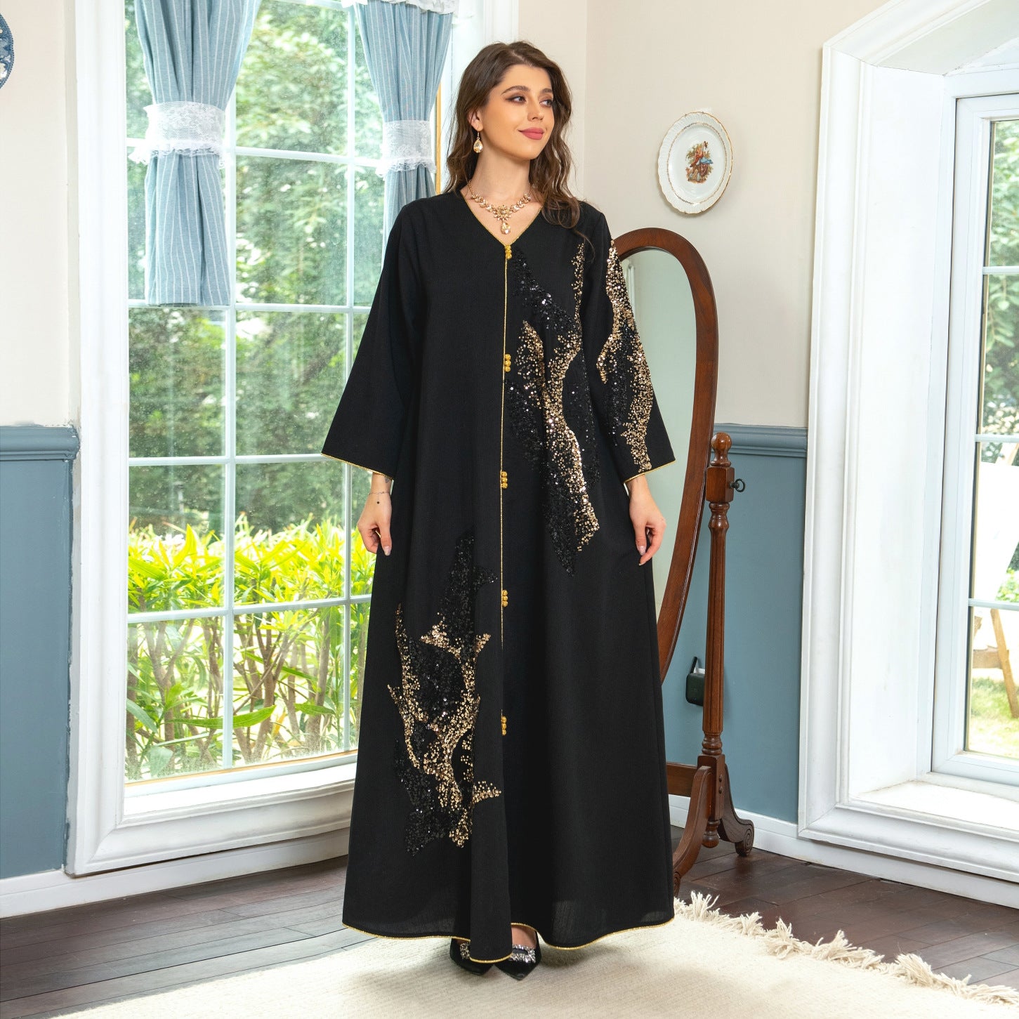 Dubai Abaya Kaftan Knitted Beaded Embroidered Dress Mood Royal