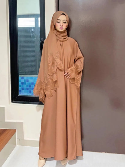 Lace Embroidery Sleeve Plain Abaya with Scarf My Store