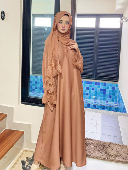 Lace Embroidery Sleeve Plain Abaya with Scarf My Store