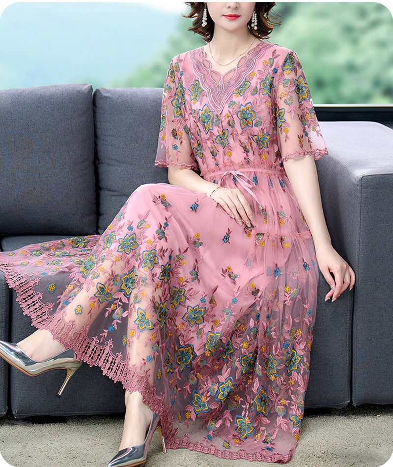 Women Spring Summer Dress Pink Retro Court Style Embroidered High Dress Round Neck Slim Fashion Luxury Dress Vestidos Robes Plus Mood Royal