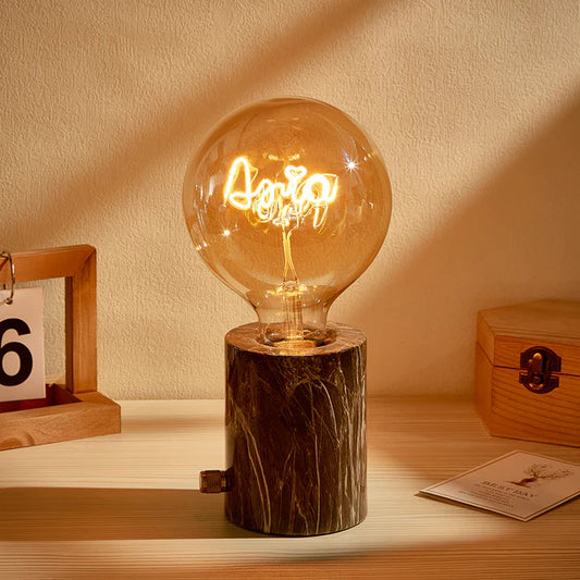 Vintage Edison LED Filament Bulb with wooden base, warm yellow light, decorative lamp