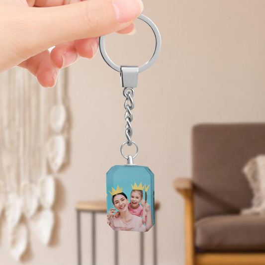 Double-sided crystal keychain with custom photos, perfect personalized gift, featuring a couple, clear crystal.