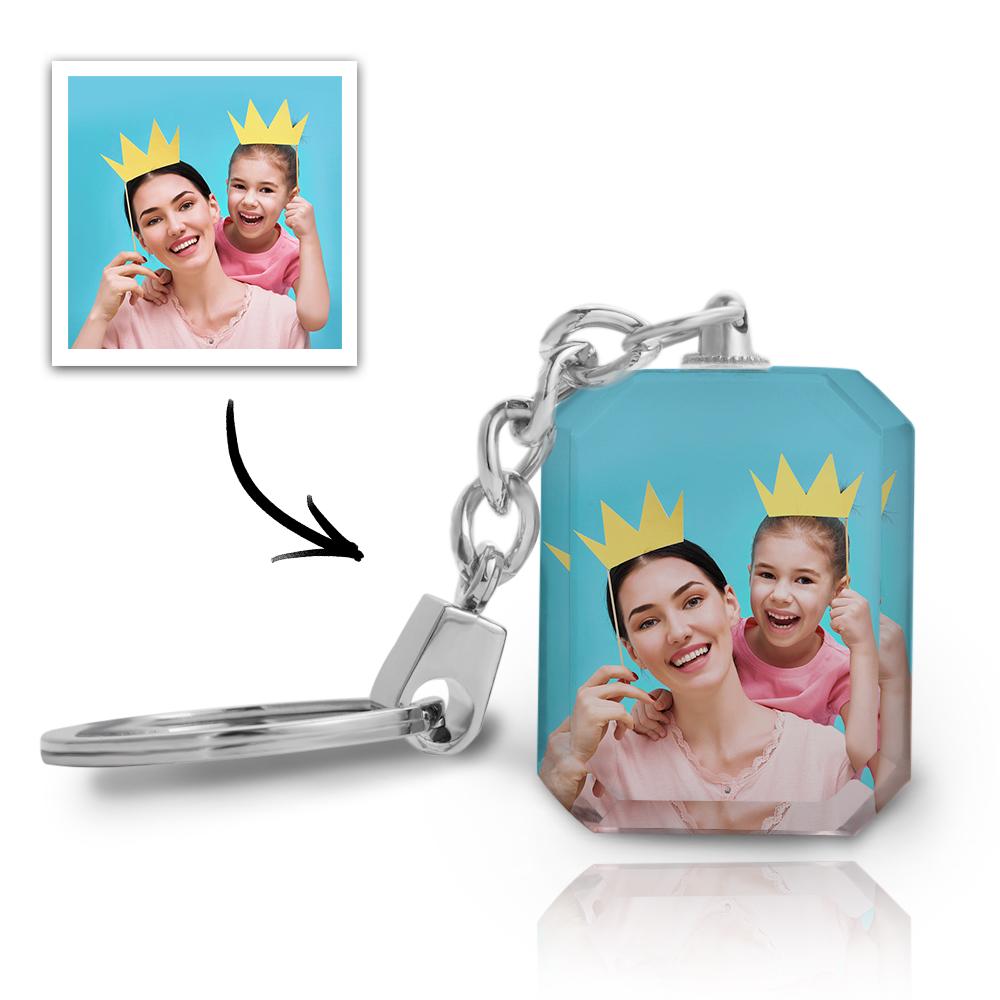 Custom crystal keychain with double-sided photo, perfect personalized gift.