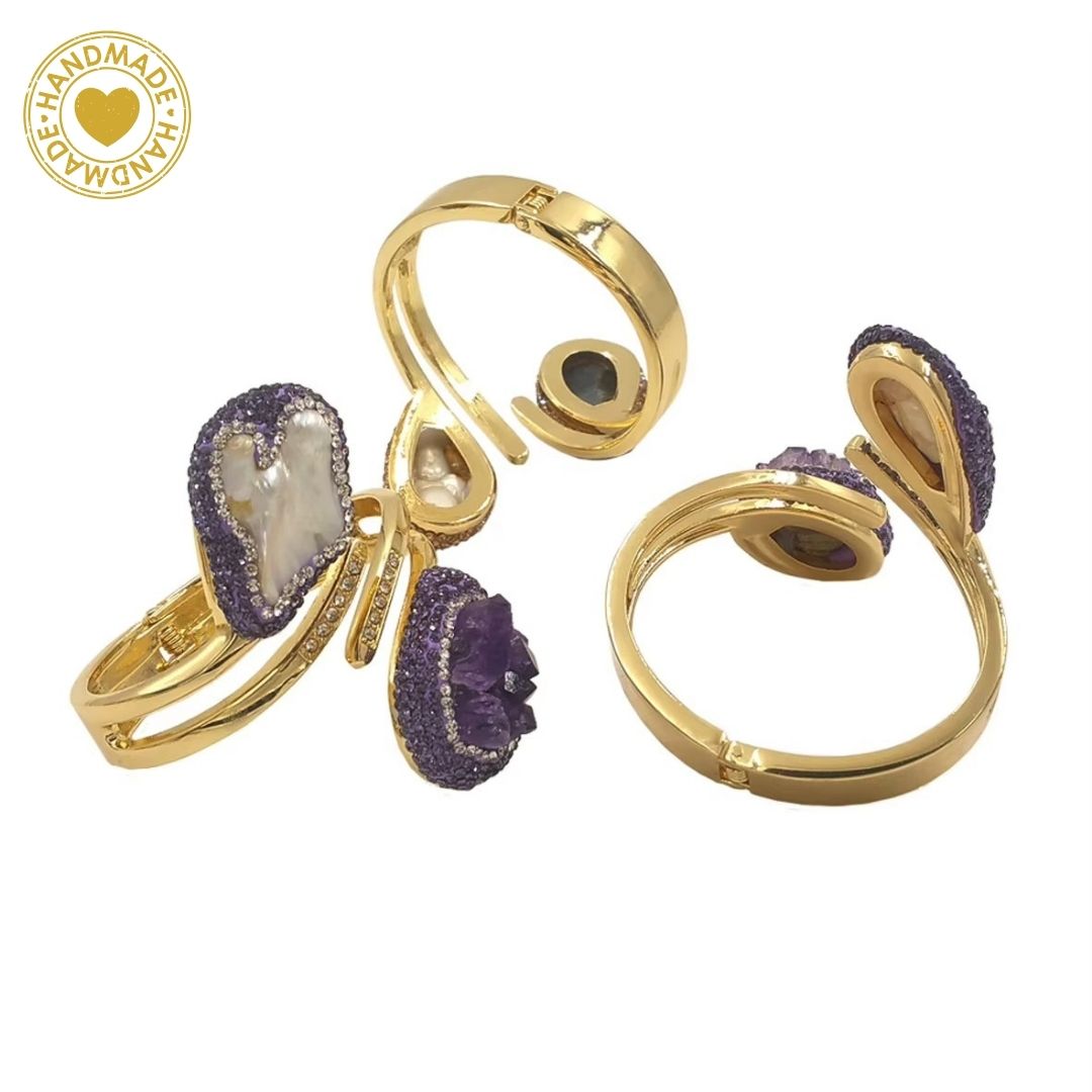 Handmade Baroque Pearl Amethyst Zirconium Embroidered 18K Gold Plated Bracelet Mood Royal