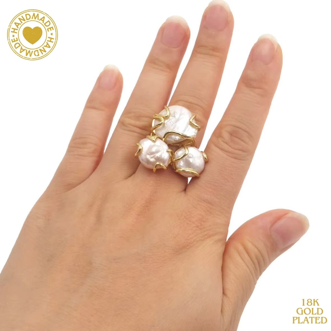 18K Gold Plated Baroque Pearl Vintage Adjustable Ring Mood Royal