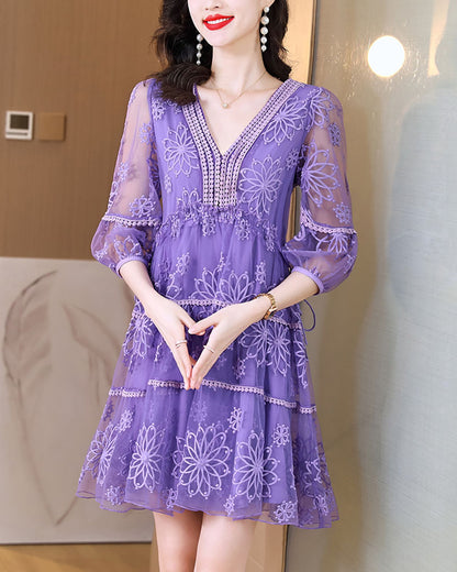 Rose Natural Silk Embroidery Hollow Out Sexy Midi Dress Summer Fashion Elegant Bodycon Dress Women Korean  Dresses Mood Royal