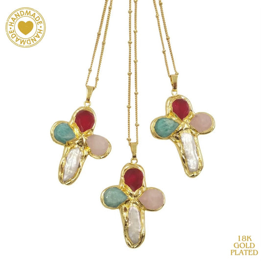 Wt-Jn284 High Quality New Cross Colorfuled Gemstone Pearl 18K Gold Plated Pendant Jewelry Necklace Mood Royal