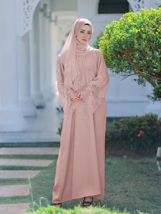 Lace Embroidery Sleeve Plain Abaya with Scarf My Store