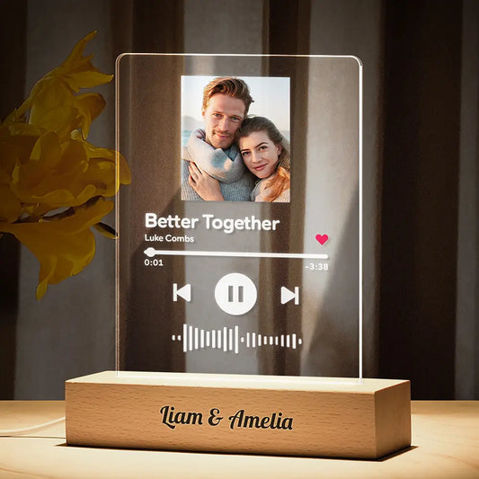 Custom song plaque night light with photo, acrylic and wooden base, engraved song title and artist.