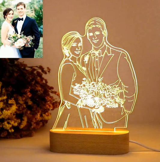 Custom 3D acrylic lamp with engraved couple photo, wooden base, personalized night light