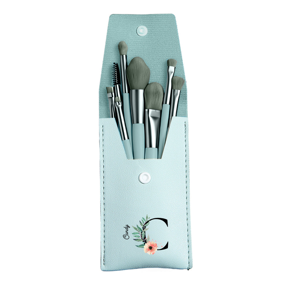 Light blue PU leather makeup brush bag with 8 brushes, a personalized gift for her.