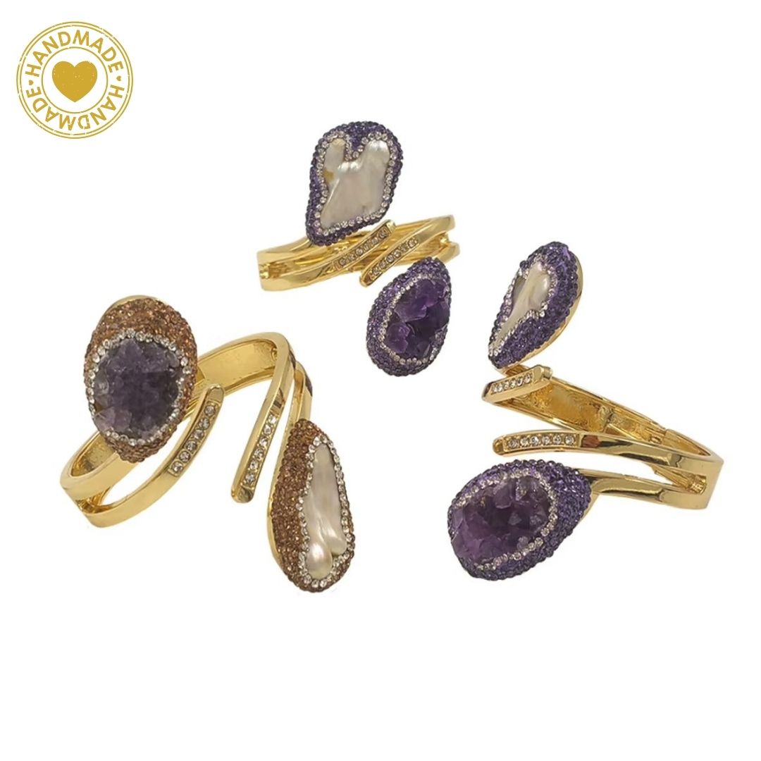 Handmade Baroque Pearl Amethyst Zirconium Embroidered 18K Gold Plated Bracelet Mood Royal