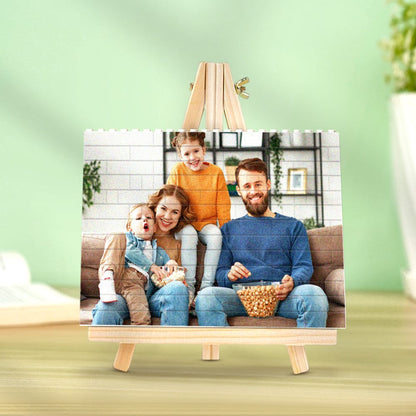 Personalized building brick photo block with a family of three, vibrant UV print, perfect as a gift.