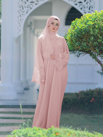 Lace Embroidery Sleeve Plain Abaya with Scarf My Store