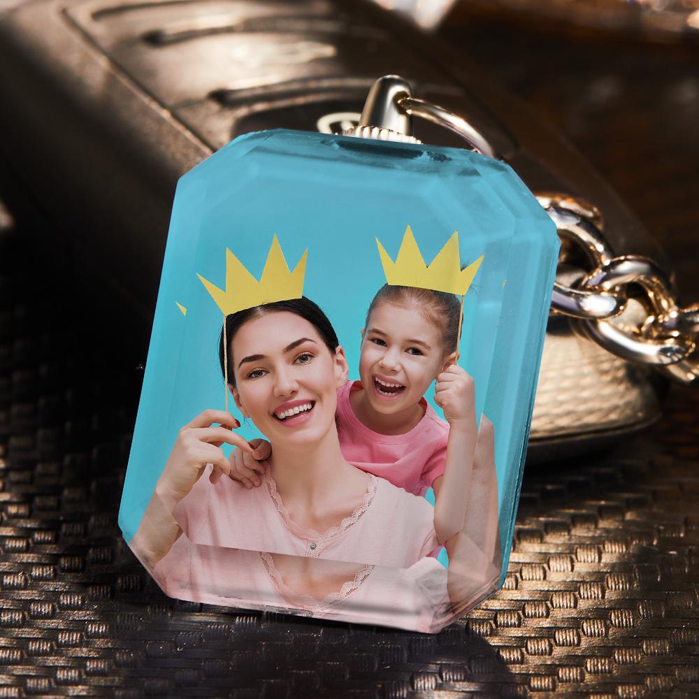 Custom crystal keychain with double-sided photo, featuring a woman and child with crowns, perfect gift