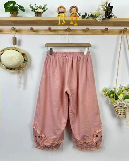 Cotton Linen Embroidery Elastic Waist Trousers My Store