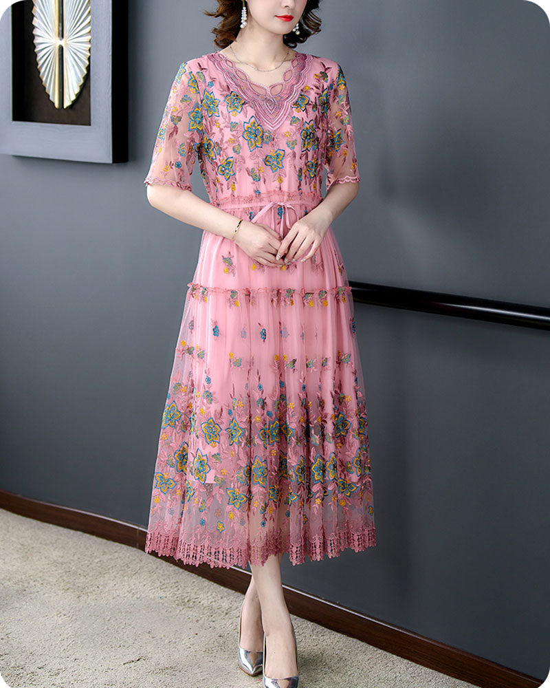 Women Spring Summer Dress Pink Retro Court Style Embroidered High Dress Round Neck Slim Fashion Luxury Dress Vestidos Robes Plus Mood Royal