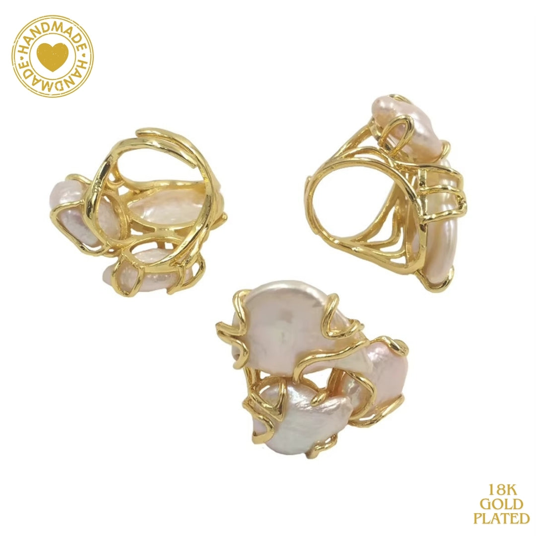 18K Gold Plated Baroque Pearl Vintage Adjustable Ring Mood Royal