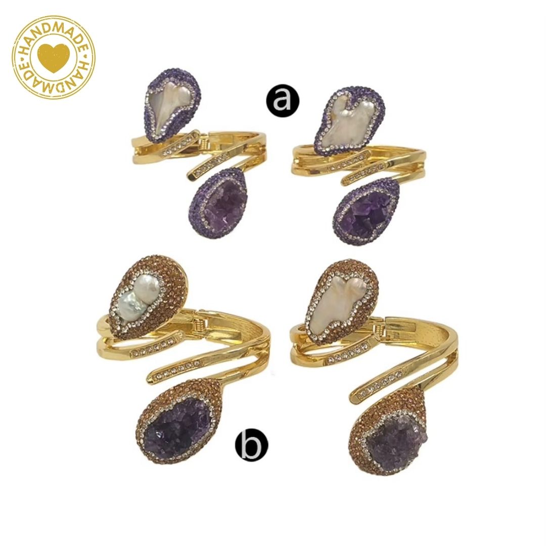 Handmade Baroque Pearl Amethyst Zirconium Embroidered 18K Gold Plated Bracelet Mood Royal