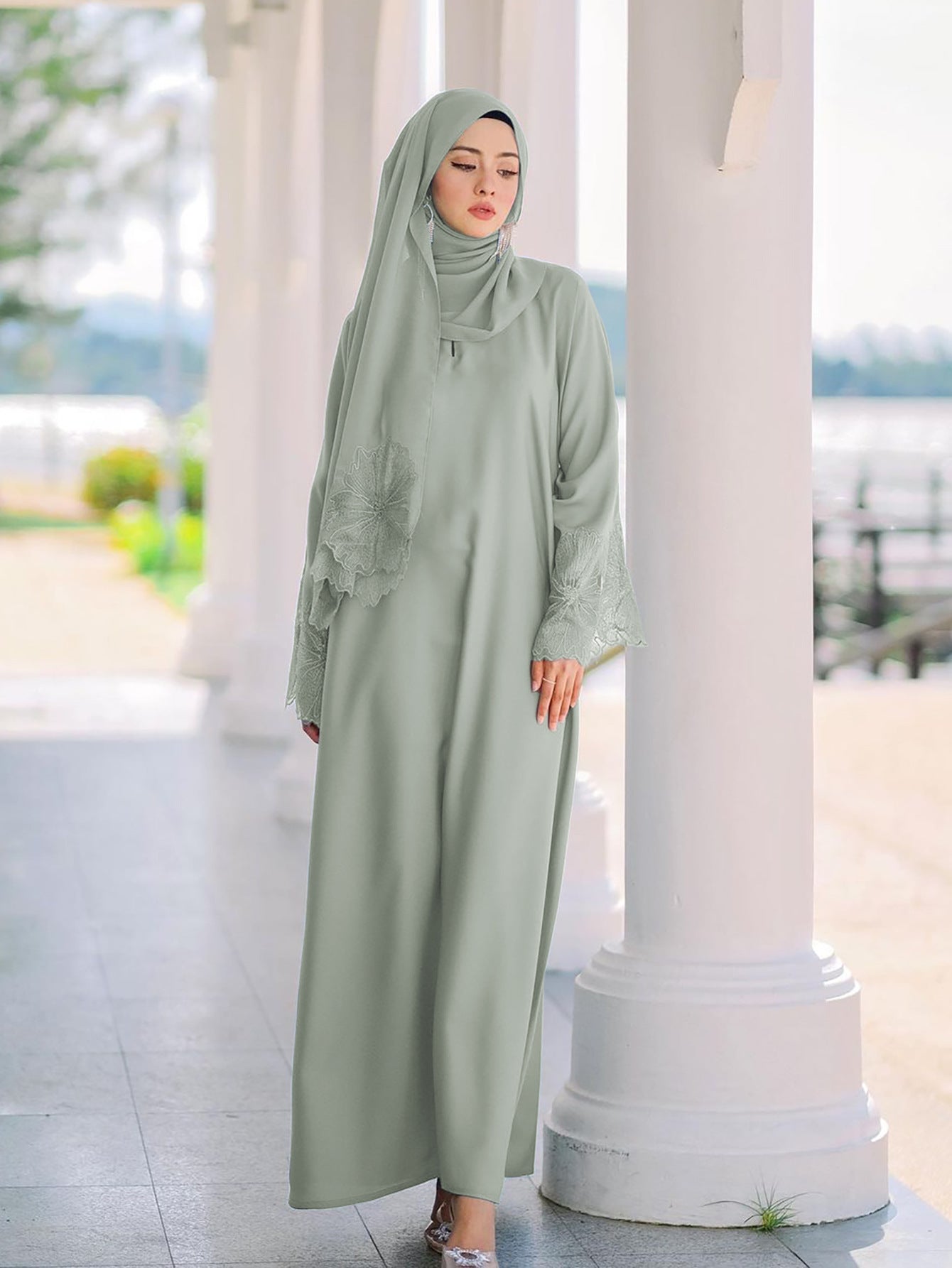 Lace Embroidery Sleeve Plain Abaya with Scarf My Store