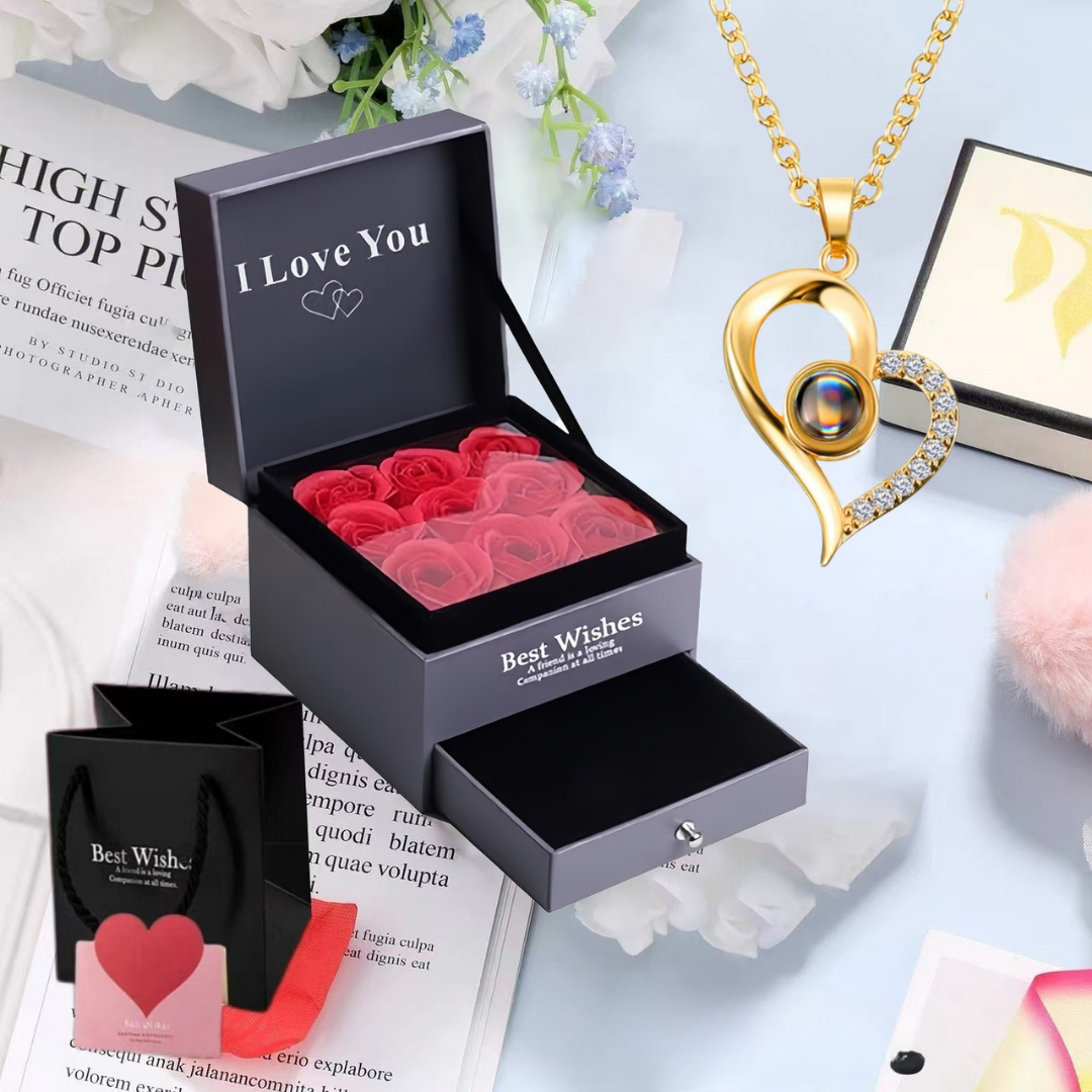 Cross Border Hot Sale 100 Languages Love Pendant Nis Fashion Women's Clavicle Chain High Sense Heart Shaped Projection Necklace Mood Royal