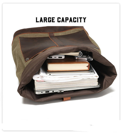 Backpack Men's Travel Computer Backpack Student Retro Travel Book Bag Oil Wax Canvas With Top Leather Mood Royal