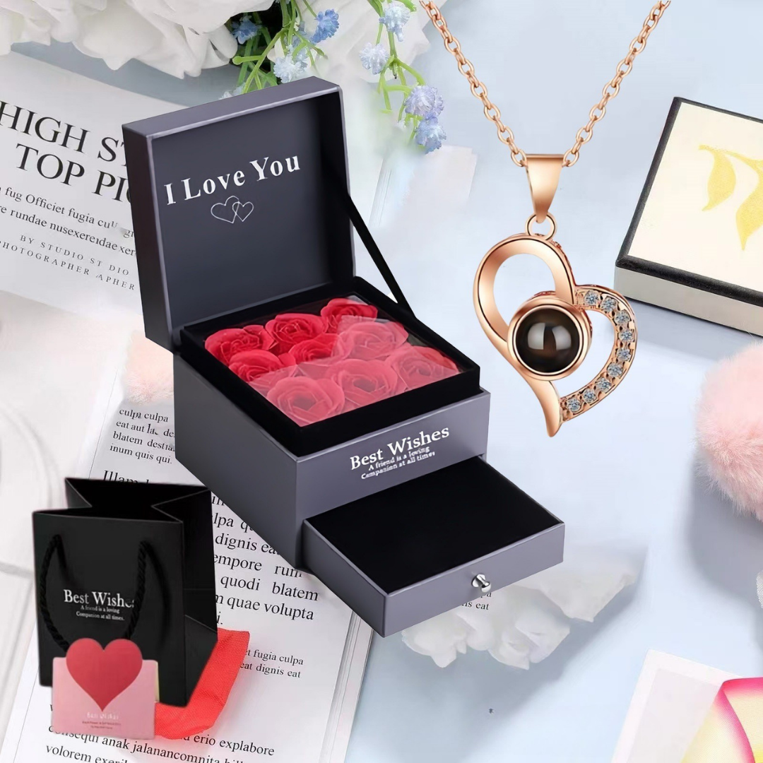 Cross Border Hot Sale 100 Languages Love Pendant Nis Fashion Women's Clavicle Chain High Sense Heart Shaped Projection Necklace Mood Royal