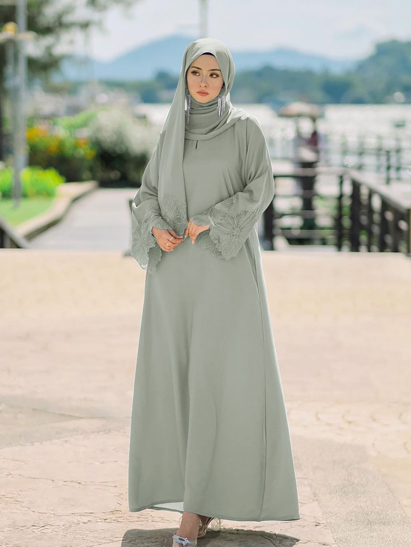 Lace Embroidery Sleeve Plain Abaya with Scarf My Store